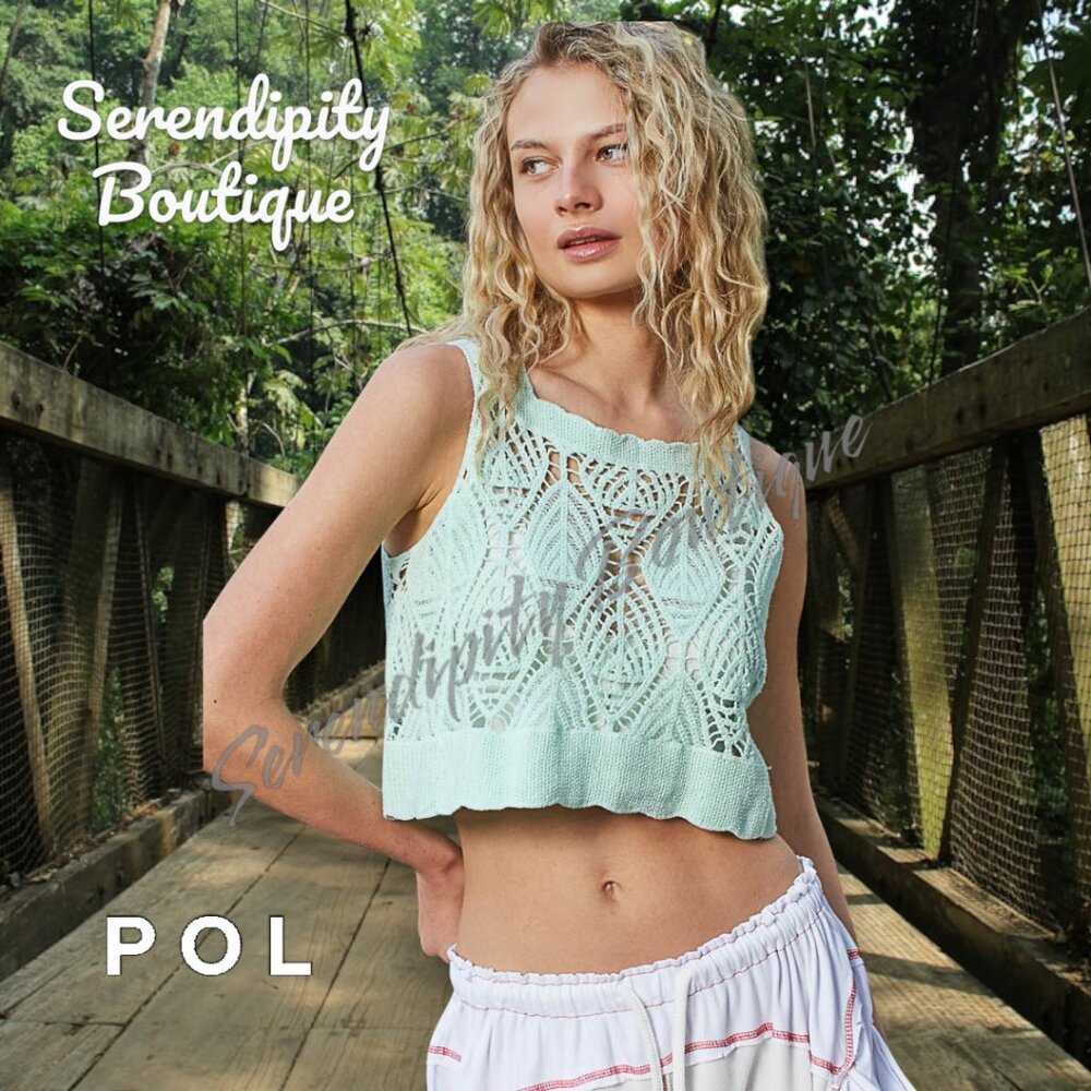POL Boho 70s Pale Mint Crochet Loose Fit Semi Sheer Bodycon Crop Top.